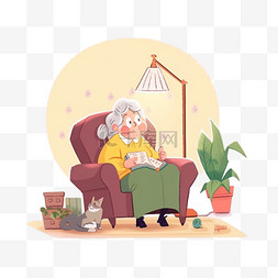沙发地毯图片_手绘老人坐沙发元素简笔画卡通