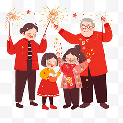 红色的新年烟花图片_迎新年一家人手绘放烟花卡通元素