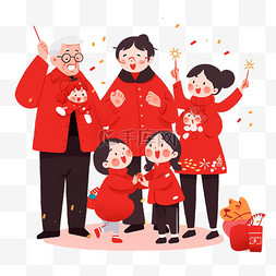 红色烟花喜庆背景图片_一家人放烟花卡通迎新年手绘元素