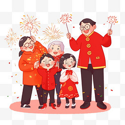 放烟花的人图片_迎新年一家人放烟花手绘卡通元素