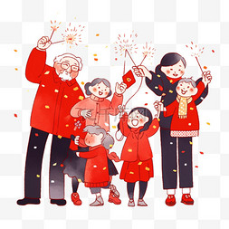 迎新年一家人放烟花卡通元素手绘