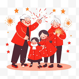 春节背景图片_迎新年一家人卡通放烟花手绘元素