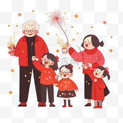 春节背景图片_手绘迎新年一家人放烟花卡通元素