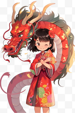 春节图片_新年女孩龙手绘元素春节