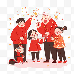 红色烟花喜庆背景图片_一家人迎新年放烟花卡通手绘元素