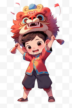 春节背景图片_可爱孩子迎新年戴着狮子帽卡通手