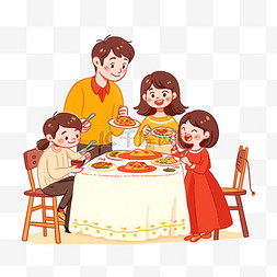 团圆饭背景图片_新年卡通团圆一家人吃饭手绘元素