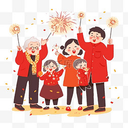 春节背景图片_迎新年手绘一家人放烟花卡通元素