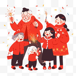 喜庆新年背景素材图片_元素迎新年一家人放烟花卡通手绘