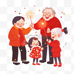 喜庆的烟花图片_放烟花迎新年一家人卡通手绘元素