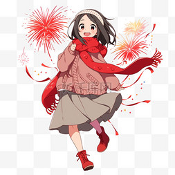 春节背景图片_迎新年可爱女孩烟花手绘元素卡通