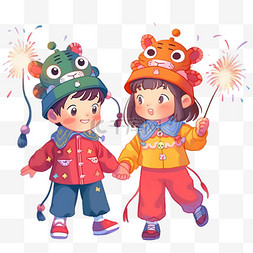 春节图片_迎新年可爱孩子烟花元素卡通手绘