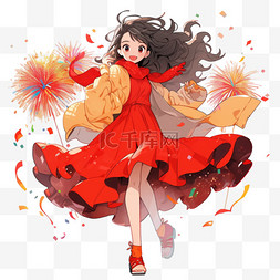 春节背景图片_迎新年手绘可爱女孩烟花卡通元素