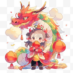 可爱小孩插画图片_欢度新年小孩和龙卡通可爱新年插