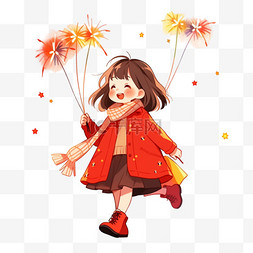 春节背景图片_可爱女孩烟花卡通迎新年手绘元素