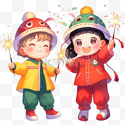 可爱孩子烟花卡通手绘迎新年元素