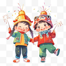 春节背景图片_迎新年可爱孩子烟花手绘卡通元素