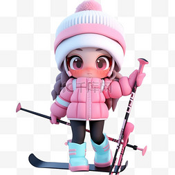 可爱呆萌女孩图片_冬天3d立体可爱女孩滑雪免抠元素