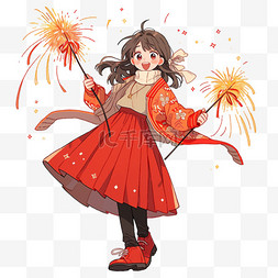 红色的新年烟花图片_迎新年烟花可爱女孩卡通手绘元素