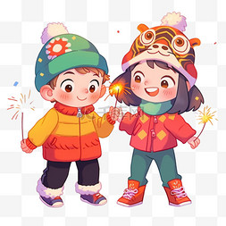 春节图片_烟花迎新年可爱孩子卡通手绘元素