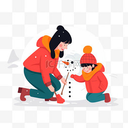 卡通手绘堆雪人图片_冬天卡通妈妈孩子堆雪人手绘元素