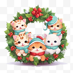 花环图案图片_圣诞猫猫花环元素立体免扣图案
