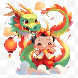春节新春新年扁平插画小孩和龙卡