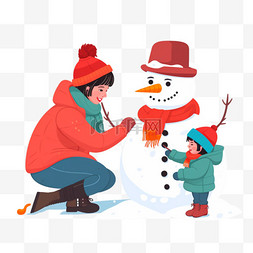 冬天妈妈孩子卡通堆雪人手绘元素