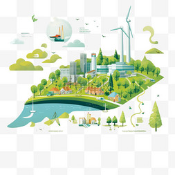 表现图片_绿色树木、核电站和风车的生态信