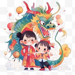 春节放假图片_新年放假新年小孩和龙卡通可爱