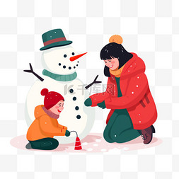 冬天妈妈孩子卡通手绘元素堆雪人