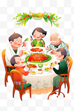 新年一家人聚餐手绘卡通元素