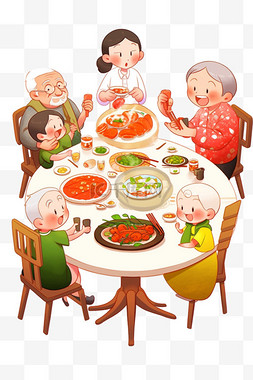 丰盛图片_新年一家人卡通聚餐手绘元素