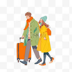 拖着行李箱卡通图片_情侣旅游冬天卡通手绘元素