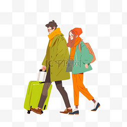拖着行李箱卡通图片_卡通手绘冬天情侣旅游元素