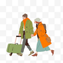 拖着行李箱卡通图片_冬天手绘元素情侣旅游卡通