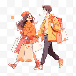 购物袋简笔画图片_新年情侣购物卡通元素手绘
