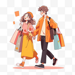 购物袋简笔画图片_卡通新年情侣购物手绘元素