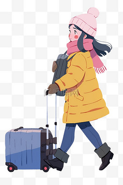 深蓝色纯色背景图片_女孩行李箱旅游冬天卡通手绘元素