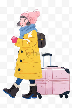 冬天手绘女孩行李箱旅游卡通元素