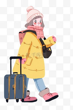 冬天女孩行李箱旅游手绘元素卡通