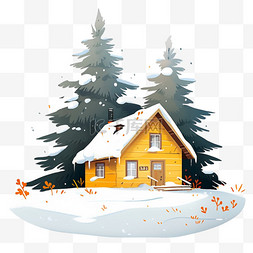 雪落松树图片_雪天木屋松树卡通手绘冬天元素