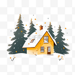 手绘房子背景图片_冬天雪天木屋松树手绘卡通元素