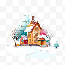 雪雪房子图片_冬天手绘彩色房子雪天卡通插画