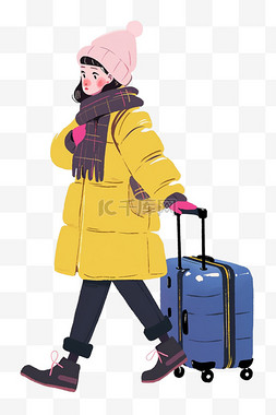 旅游黄色背景图片_女孩行李箱旅游卡通手绘元素冬天