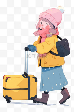 旅游黄色背景图片_旅游冬天女孩行李箱卡通手绘元素