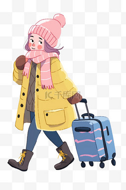 旅游黄色背景图片_冬天卡通女孩行李箱旅游手绘元素
