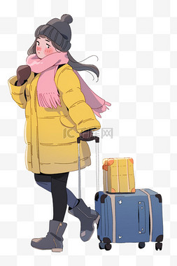 女孩行李箱旅游卡通冬天手绘元素