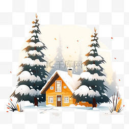 冬天手绘元素雪天木屋松树卡通