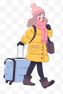深蓝色纯色背景图片_冬天旅游女孩行李箱卡通手绘元素